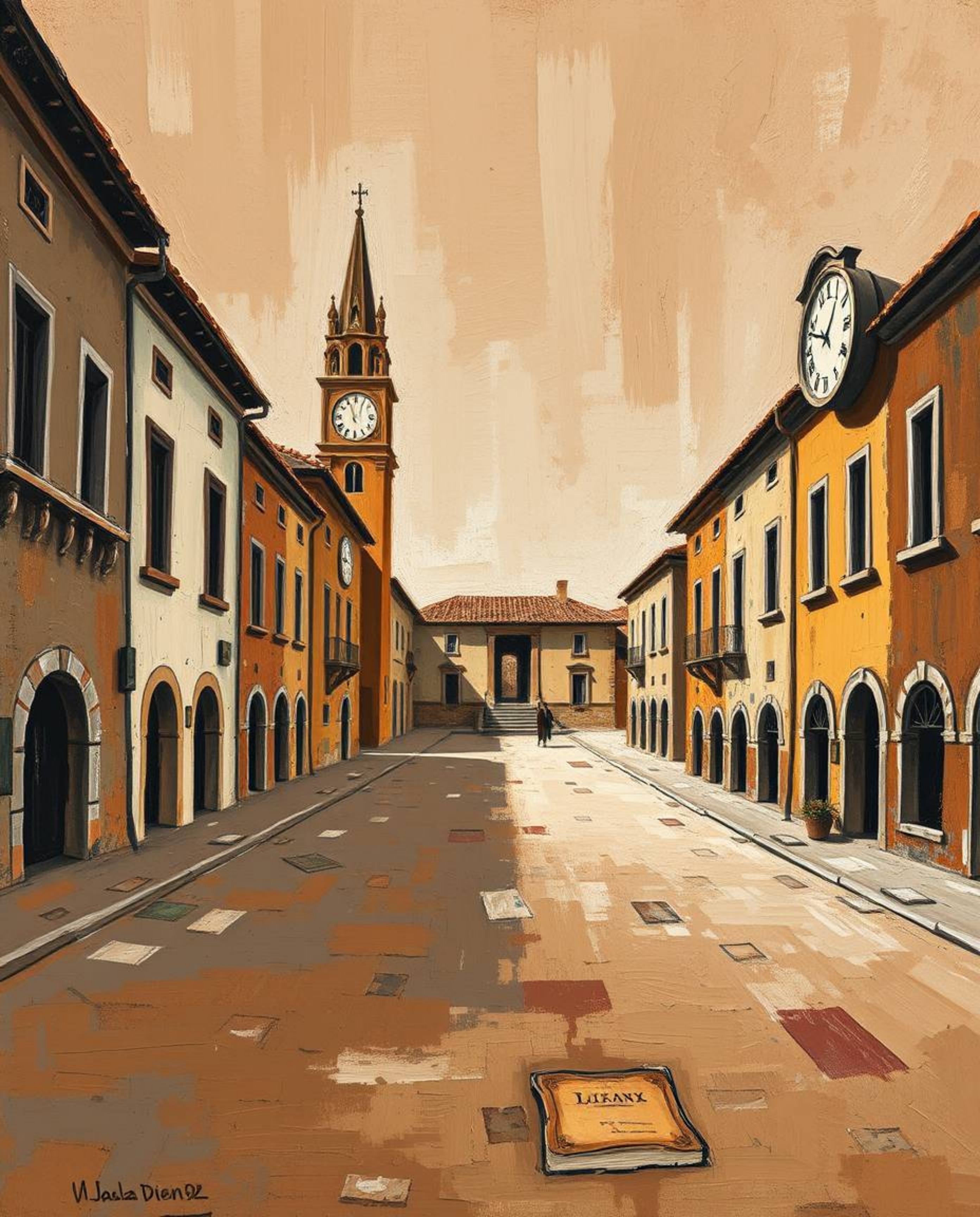 This bold acrylic painting captures the eerie stillness of an empty town square punctuated by the insistent ticking of clocks