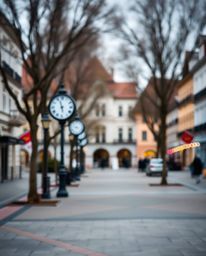 A captivating photograph showcases an empty town square, with the sharp focus on ticking clocks drawing the viewer's eye. A s