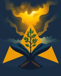 A captivating geometric logo design featuring hands planting a tree under a dramatic, golden stormy sky.  The design emphasiz