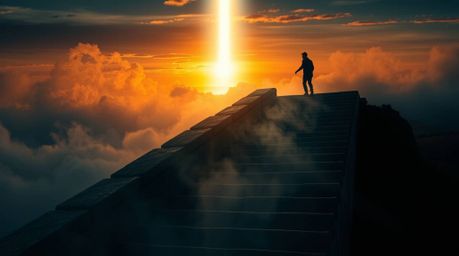 This high-resolution, extreme macro close-up stock photo captures a solitary figure ascending a stone staircase towards a div