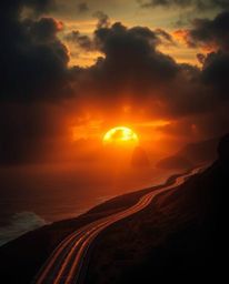 This artwork captures a winding coastal highway under a sunset sky, enveloped in an eerie and creepy atmosphere. A warm, gold