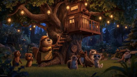 A high-resolution, warmly lit stock photo of a beaver with expressive, Pixar-esque features, wearing a tiny carpenter's apron