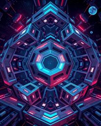 Explore a captivating futuristic sci-fi illustration featuring a repetitive cube pattern rendered in Escher-style impossible 