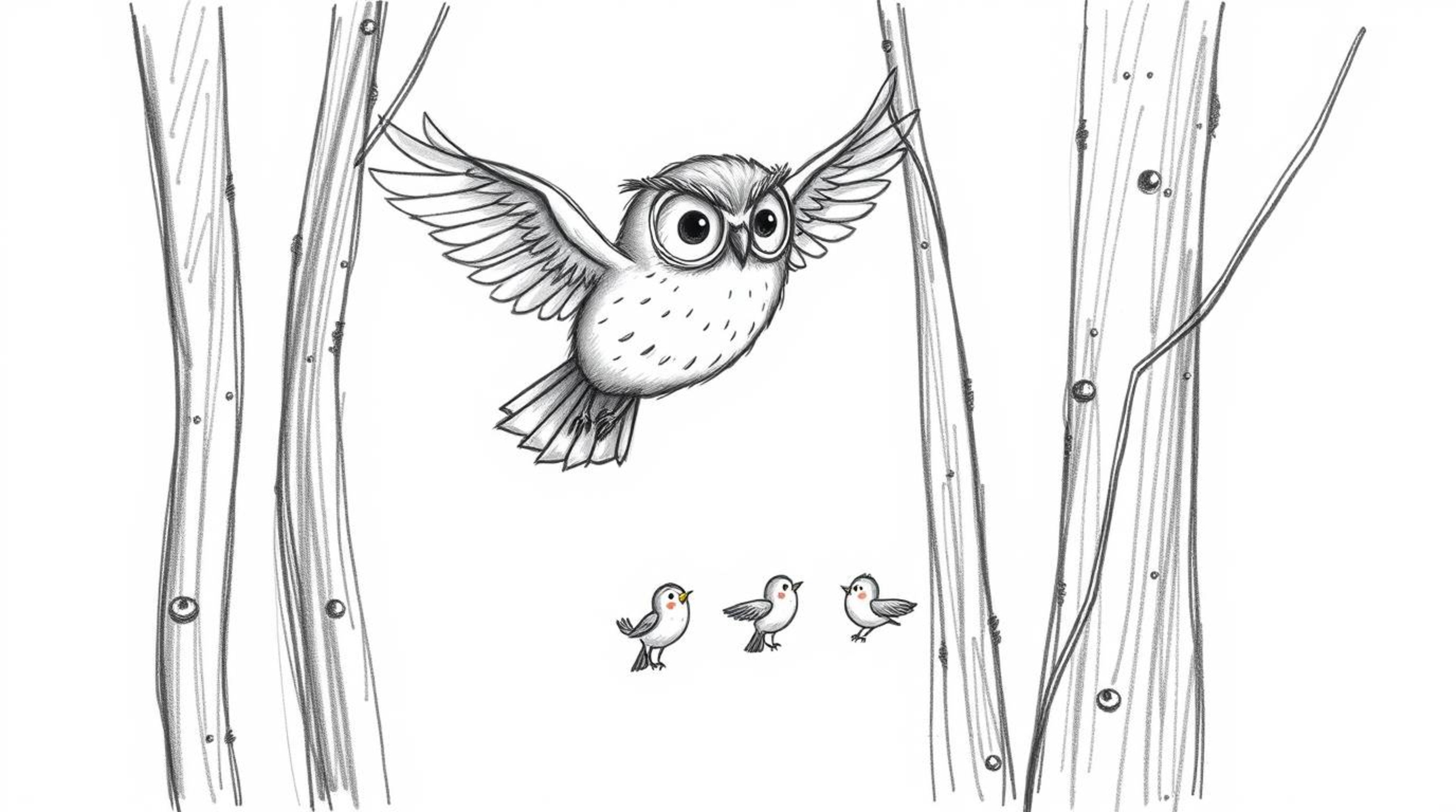 A charming, Pixar-style hand-drawn sketch depicts a wise-looking, blind owl gracefully gliding between tall, slender trees.  