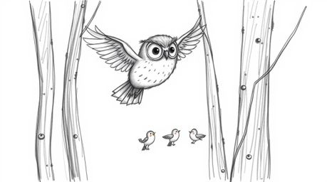 A charming, Pixar-style hand-drawn sketch depicts a wise-looking, blind owl gracefully gliding between tall, slender trees.  