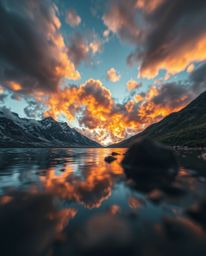 An extreme macro close-up photograph depicts the intricate reflections of fiery clouds in a mountain lake. The shot highlight