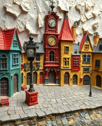This sculpted papier-mâché artwork depicts a surreal and captivating empty town square, brought to life with ticking clocks a
