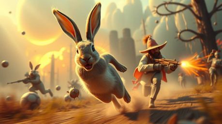 Experience a dreamlike and surreal escape with a wacky rabbit outrunning a hunter in an epic scene of massive scale. This fan