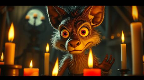 A captivating animation featuring a sarcastic animal sidekick with expressive, wide eyes.  The scene is set in an eerie, cree