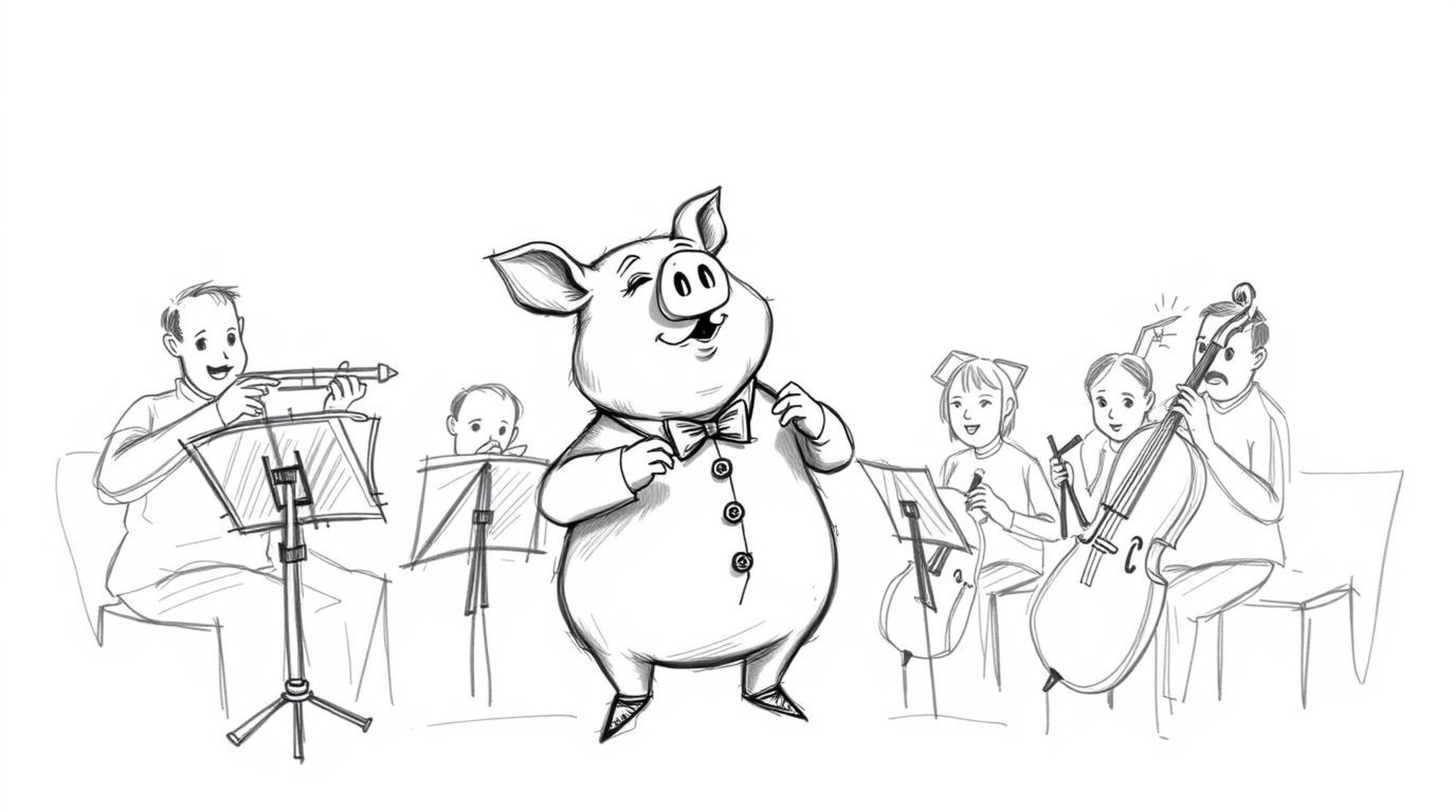A captivating hand-drawn sketch depicts a pig character dramatically conducting an orchestra.  Rendered in a strong, moody st