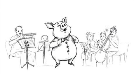 A captivating hand-drawn sketch depicts a pig character dramatically conducting an orchestra.  Rendered in a strong, moody st