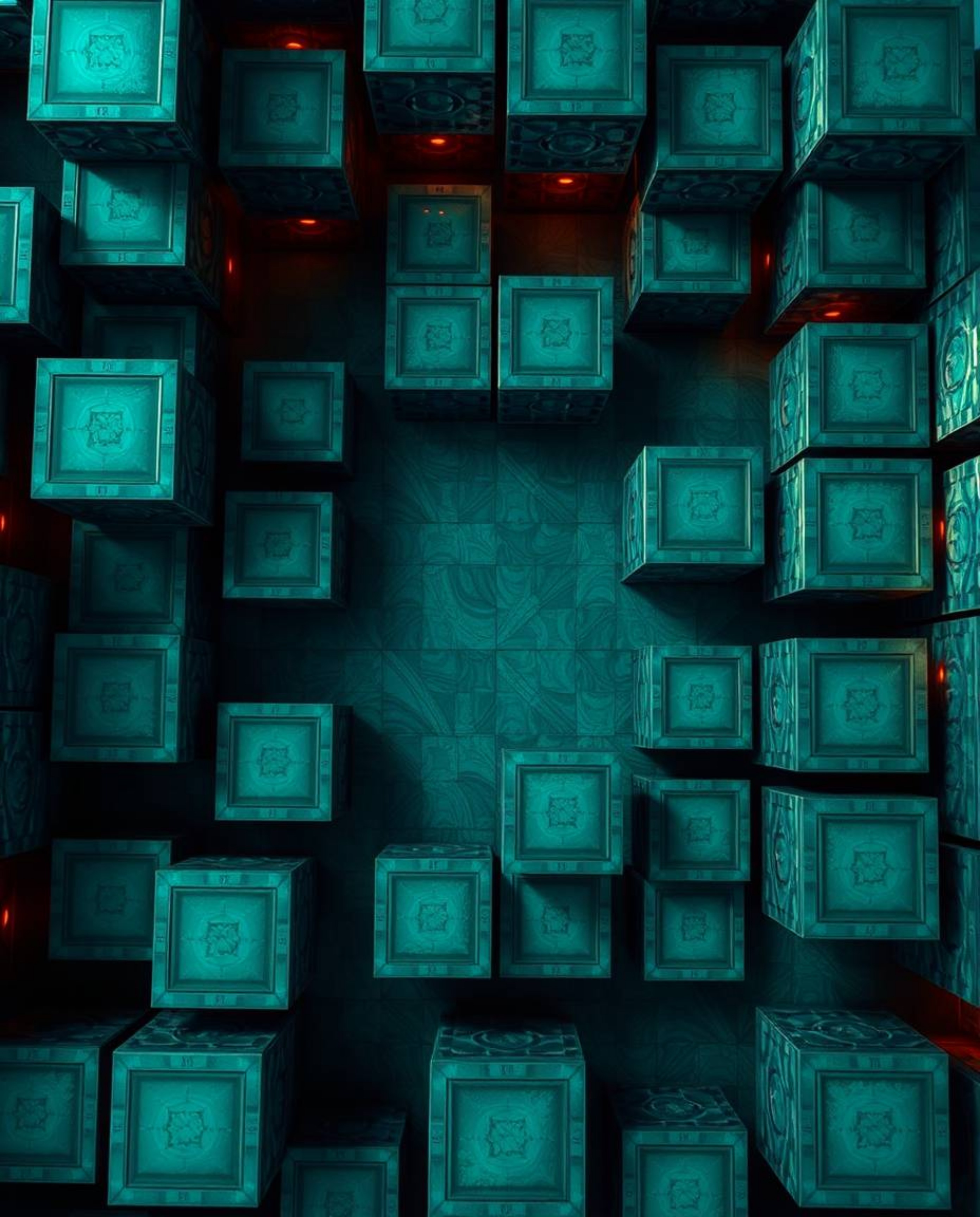 An overhead shot reveals a vibrant, luxurious scene of repeating cube patterns in an Escher-style impossible geometry.  Deep 
