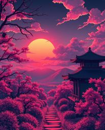 Surreal infrared-toned Isekai anime-style illustration of a sunset over a serene Zen garden; expressive composition and other