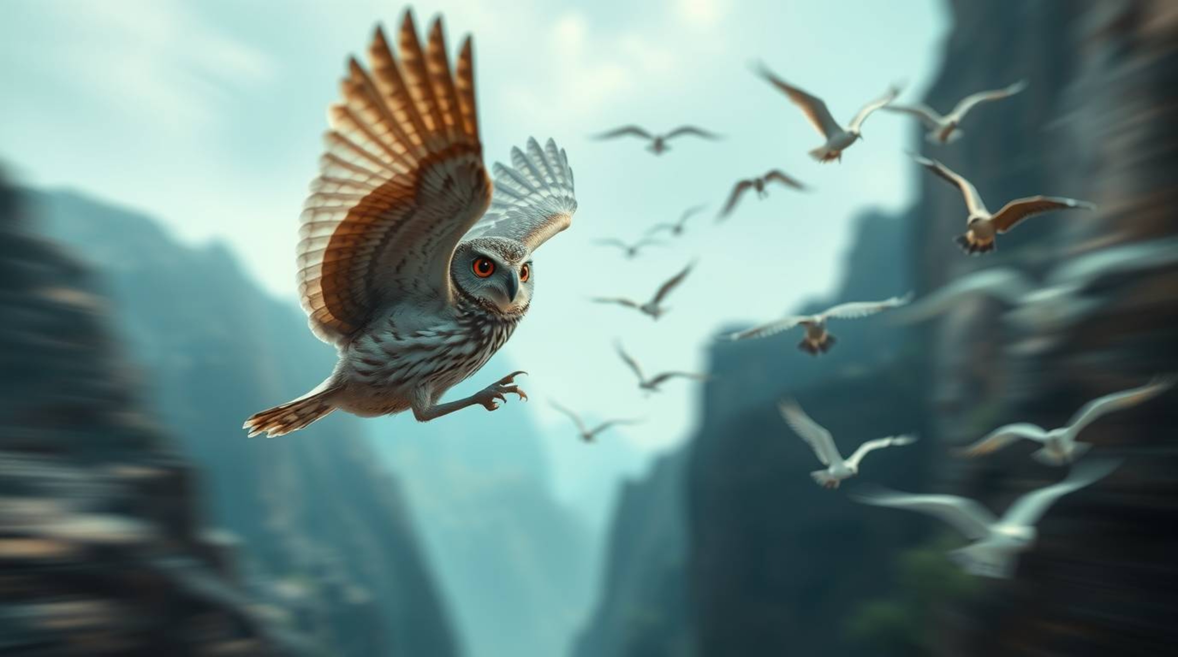 This stylized long exposure photograph captures a profound ethereal ambiance, featuring a blind owl with Pixar-like features 