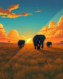 Isekai anime style: Distinctly split sections depict elephants traversing a sunset field. Bold areas create an expressive com