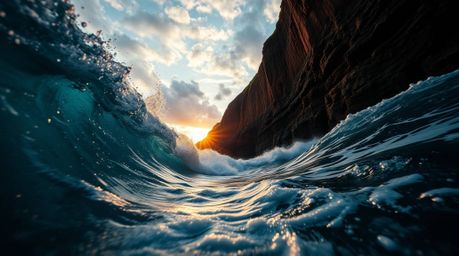 Experience the raw power and beauty of nature in this dramatic low-angle perspective capturing waves crashing against rugged 