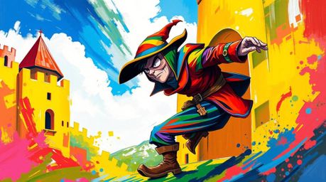 A vibrant painting depicts a thief clad in colorful clothing, dynamically posed as they stealthily enter a brightly colored c