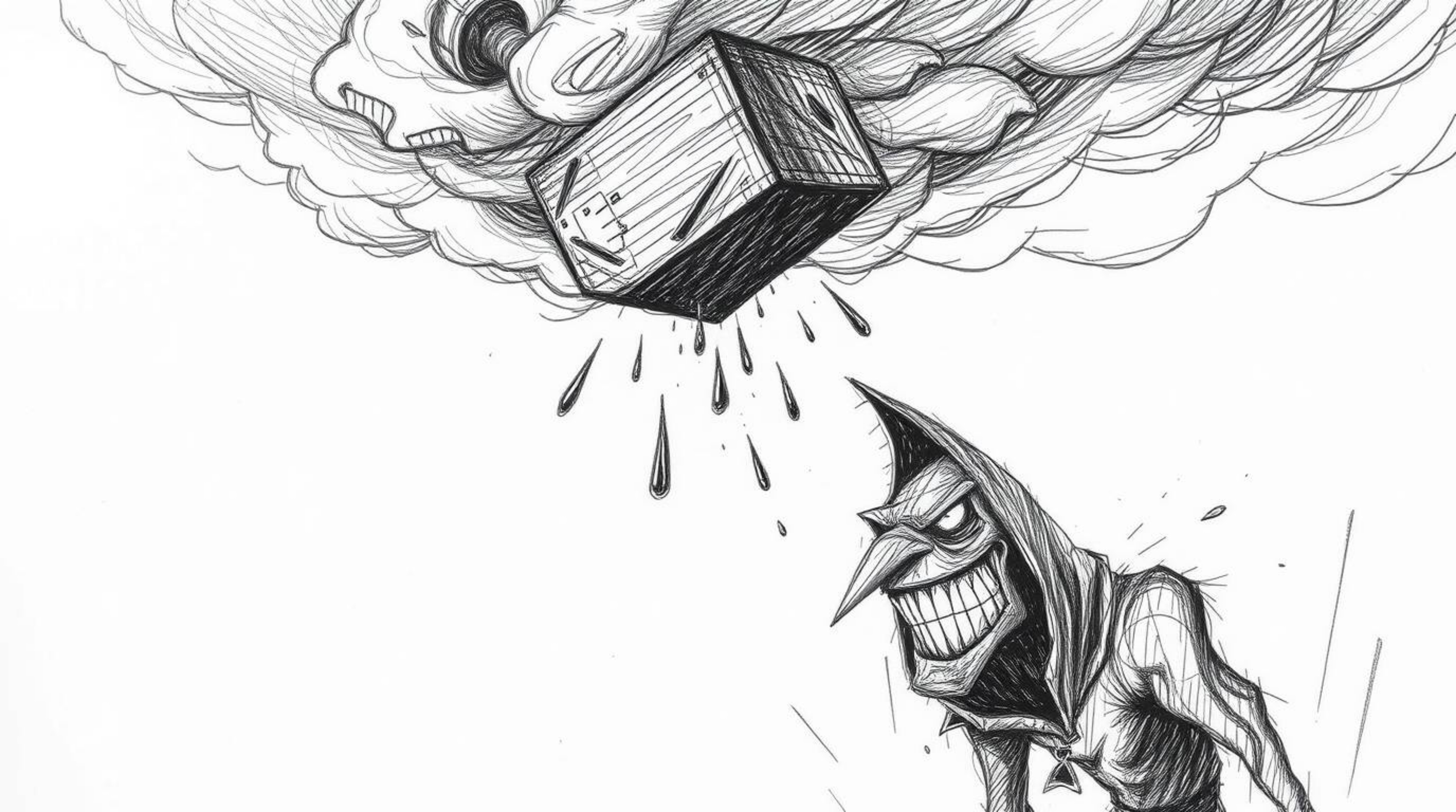 Experience a moment of intense drama with this hand-drawn sketch depicting an anvil about to drop on a trickster character wi