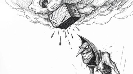 Experience a moment of intense drama with this hand-drawn sketch depicting an anvil about to drop on a trickster character wi