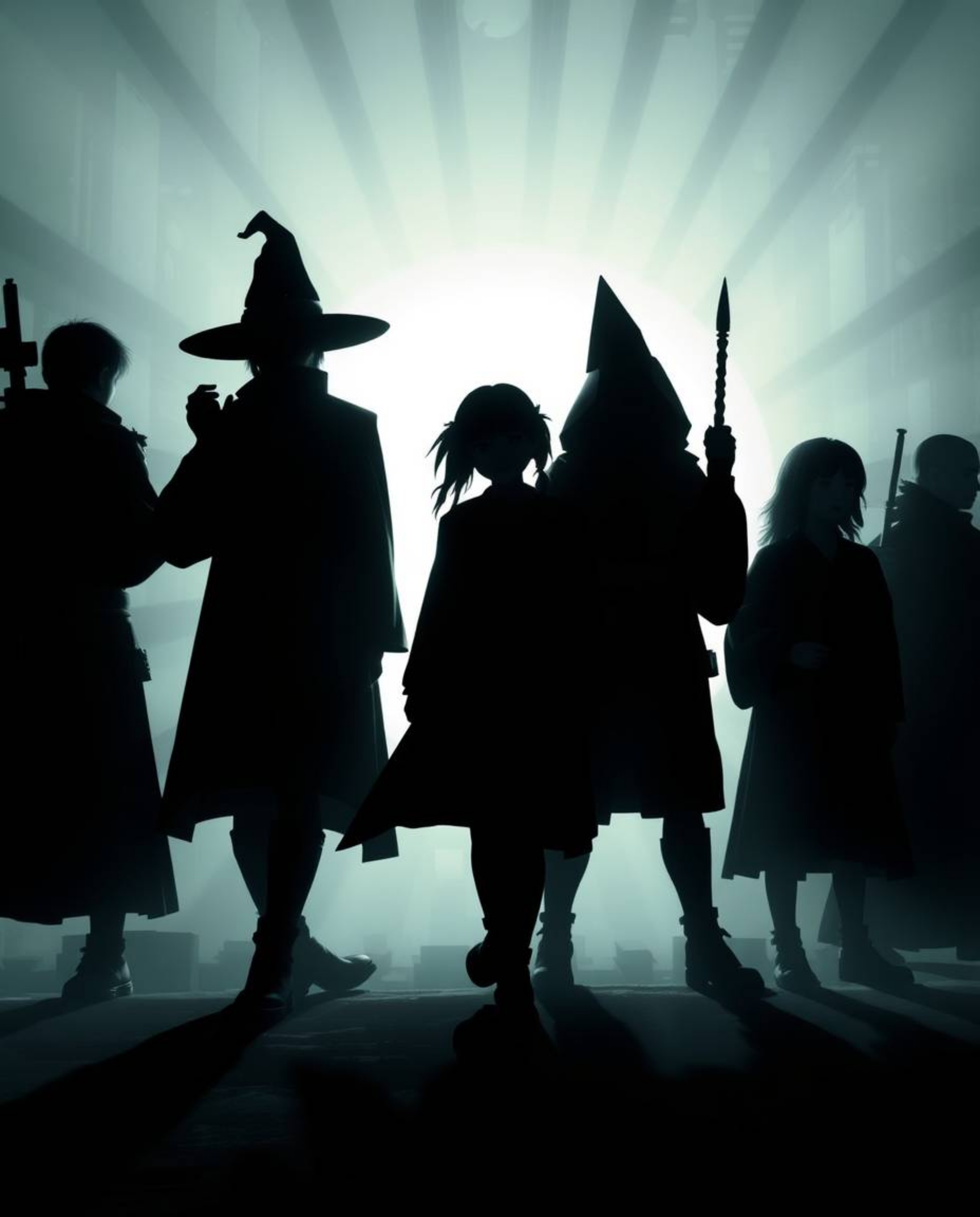Discover captivating images of young wizards attending a futuristic magical school. Silhouetted figures against a vibrant ba