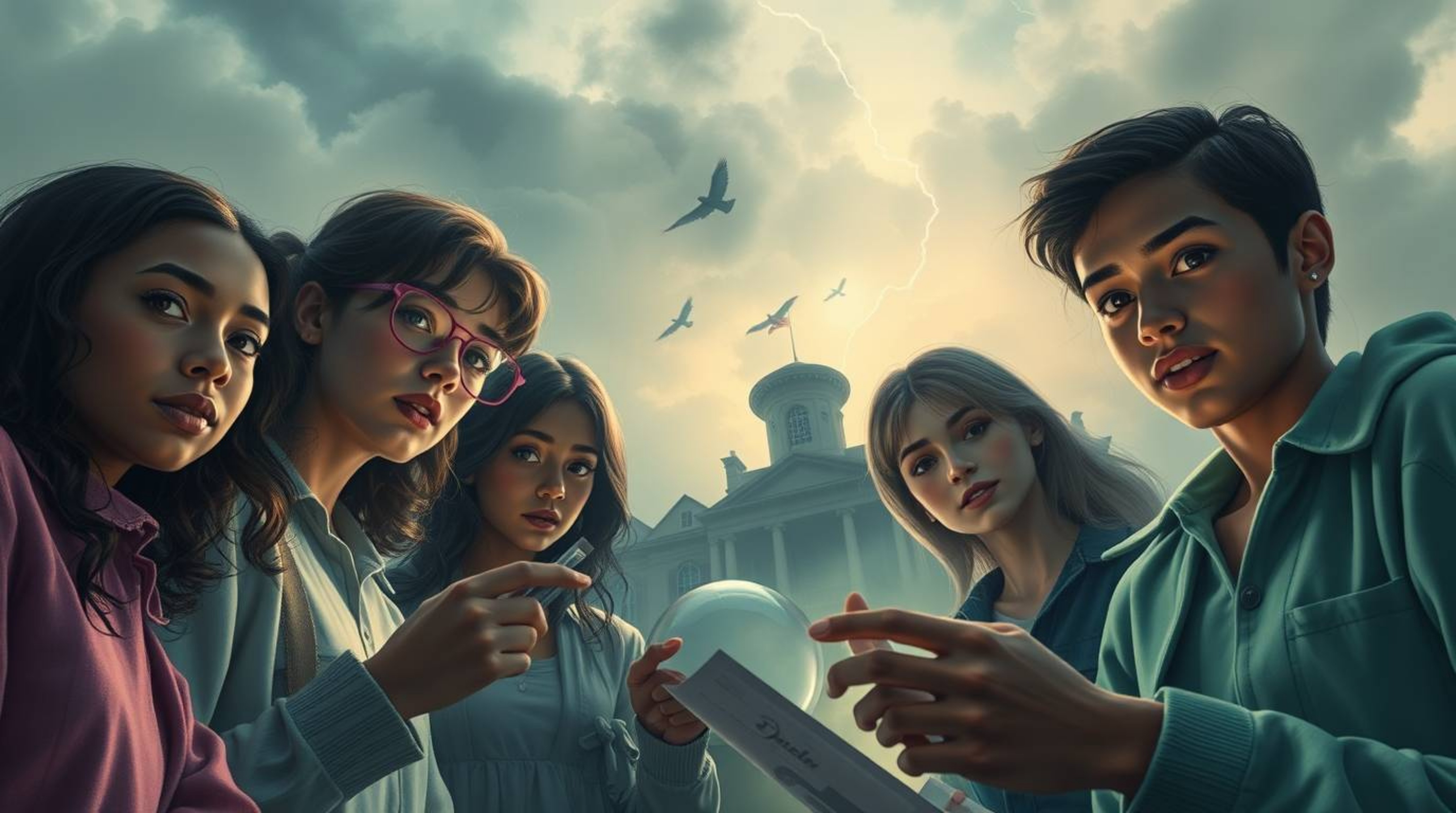 A group of teenagers with diverse facial features and warm skin tones find themselves entangled in mysteries within a haunted