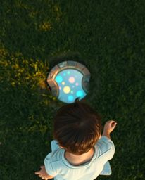 Overhead bird’s-eye view showcases a child with dark hair discovering a magical portal in their backyard. The scene is bathed