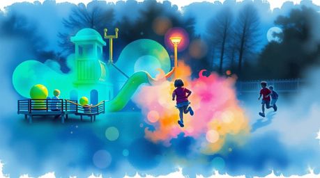 A captivating watercolor painting depicts a dramatic slow-motion run through a playground, bathed in glowing bioluminescent c