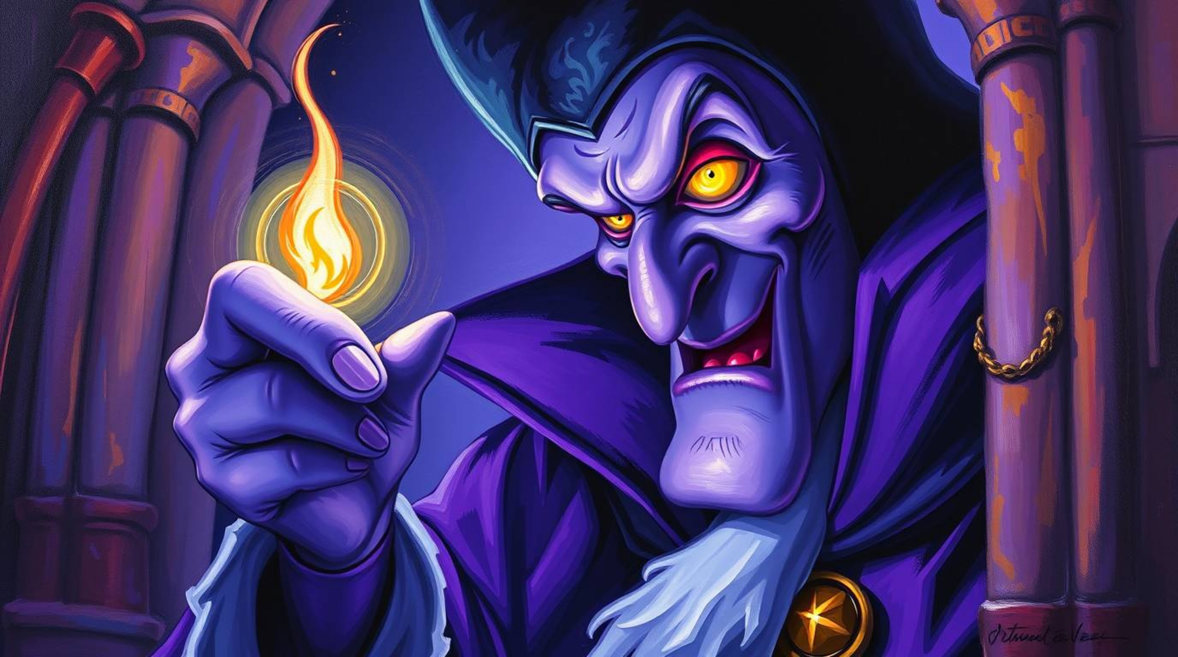 A captivating close-up oil painting depicts a classic Disney villain casting a spell within a majestic castle.  The artwork i