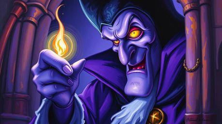 A captivating close-up oil painting depicts a classic Disney villain casting a spell within a majestic castle. The artwork i