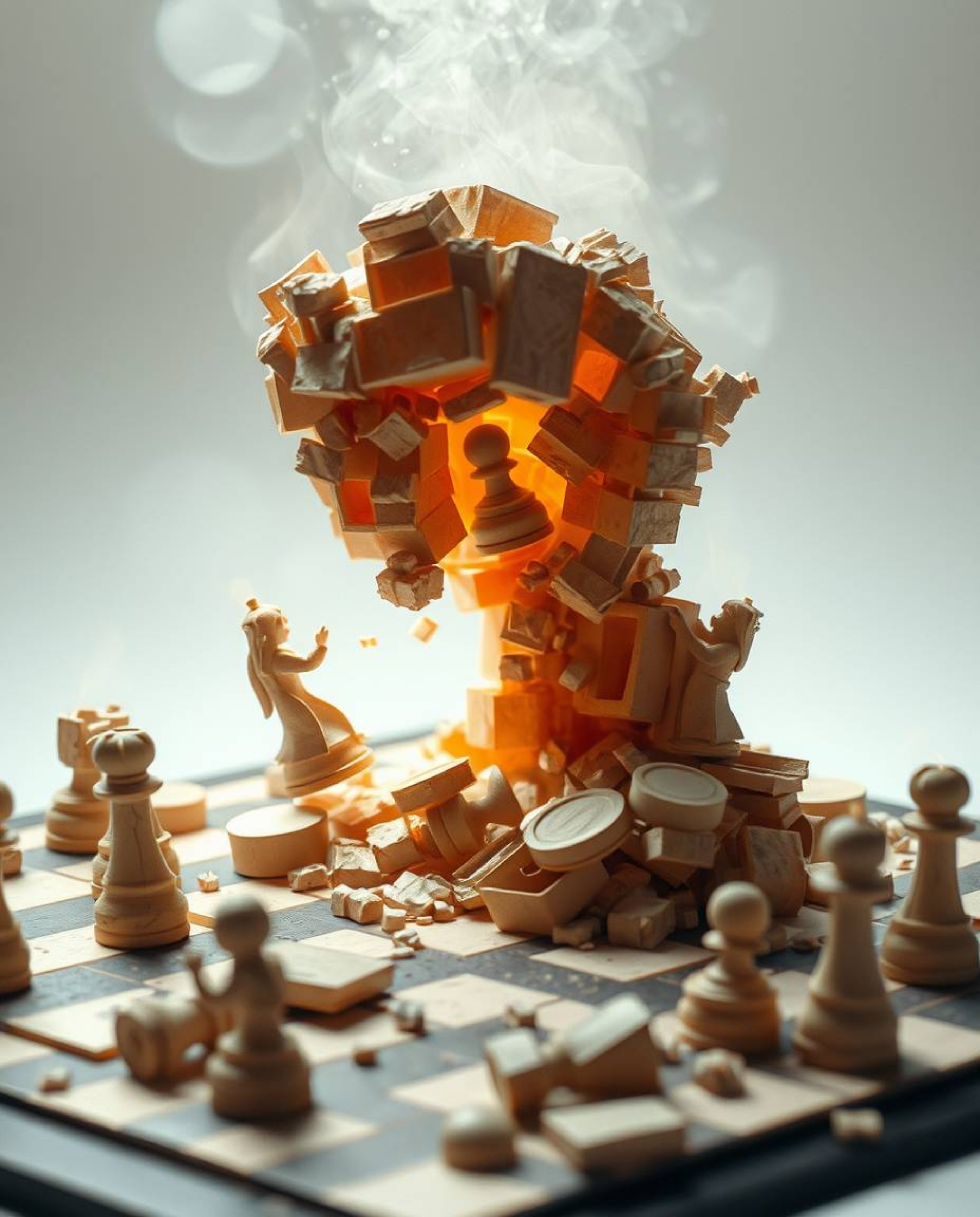 A captivating image of a layered papier-mâché chessboard depicting chess pieces frozen mid-air in a moment of destruction.  T