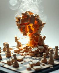 A captivating image of a layered papier-mâché chessboard depicting chess pieces frozen mid-air in a moment of destruction.  T