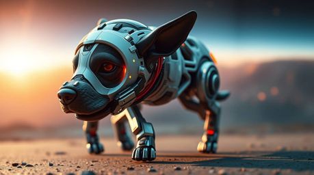 Experience an extreme macro close-up view of a futuristic, sci-fi style dog autonomously walking itself in space. This detail