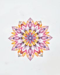 A stunning watercolor painting of a geometric floral mandala featuring a vibrant color palette and symmetrical design.  The i