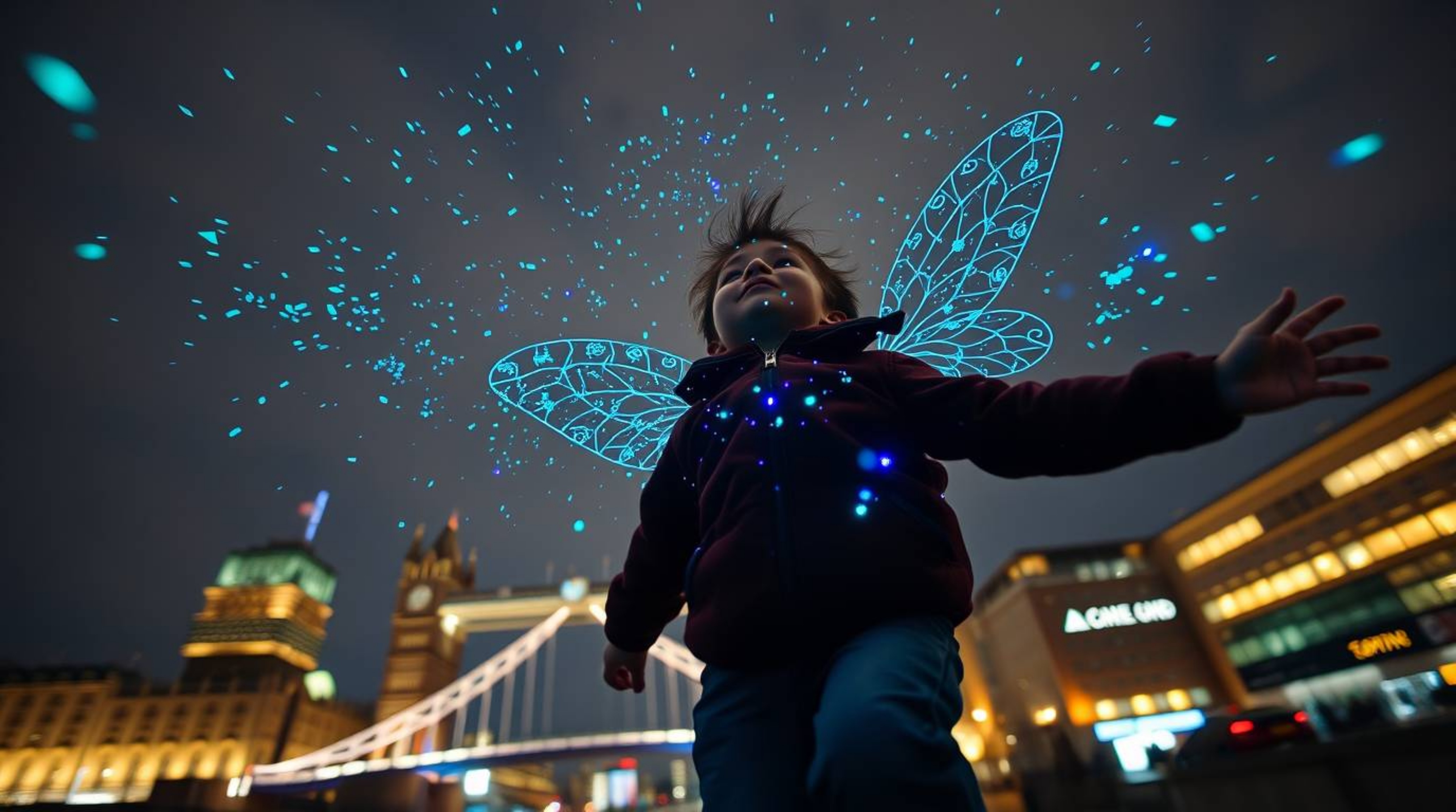 Witness a breathtaking low-angle perspective of a young boy soaring above the London skyline, propelled by shimmering biolumi