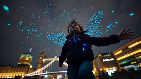 Witness a breathtaking low-angle perspective of a young boy soaring above the London skyline, propelled by shimmering biolumi
