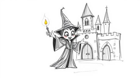 This hand-drawn sketch features a classic Disney villain with charming features, casting a spell within the ancient walls of
