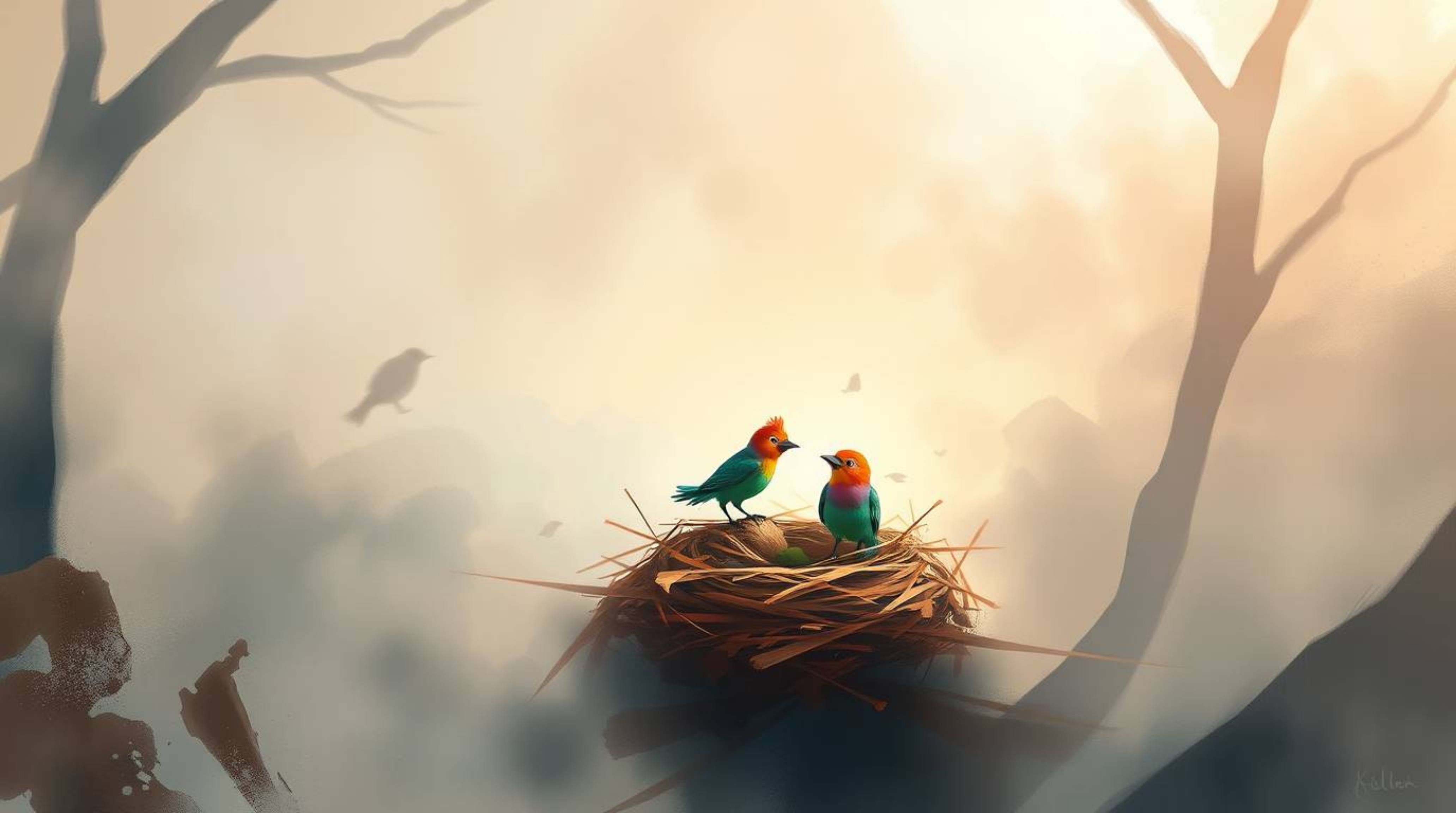 A captivating digital painting showcases two charming cartoon birds diligently constructing their nest. The painterly style