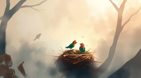 A captivating digital painting showcases two charming cartoon birds diligently constructing their nest. The painterly style