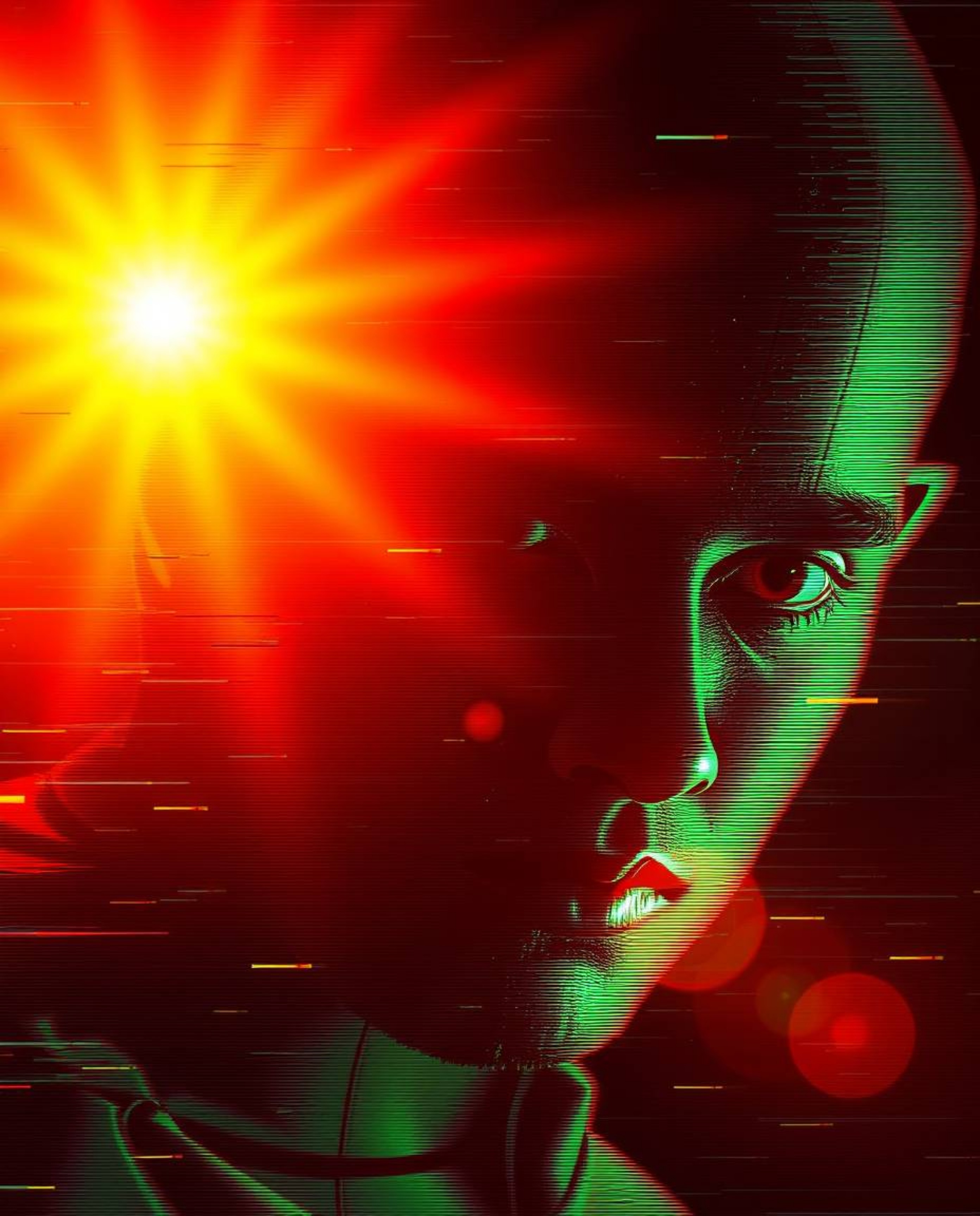 Discover stunning digital glitch art portraits with a pixelated style, featuring strong hard light and a warm golden glow.  T