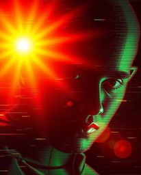 Discover stunning digital glitch art portraits with a pixelated style, featuring strong hard light and a warm golden glow.  T