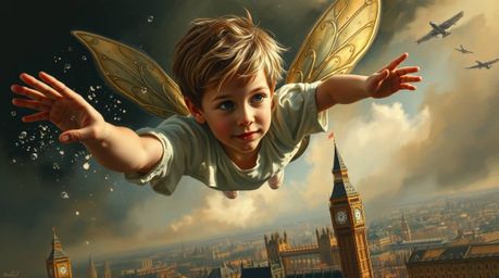 A captivating oil painting depicts a young boy with fair skin, soaring above the London skyline with pixie dust. The classic