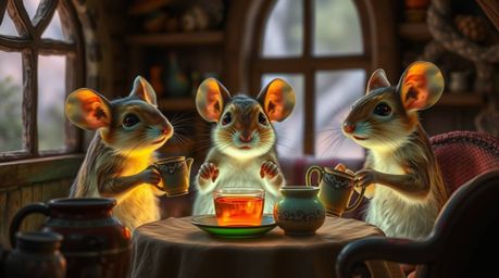 Imagine anthropomorphic mice with glowing bioluminescent fur, gathered for a delightful tea party in a cozy cottage. The scen