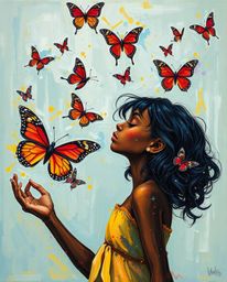 A captivating acrylic painting depicting a girl with dark skin releasing butterflies into the air. The artwork boasts a bold 