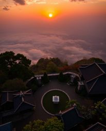 A high-contrast overhead bird’s eye view photograph depicting a dramatic sunset over a serene Zen garden, creating visual ten