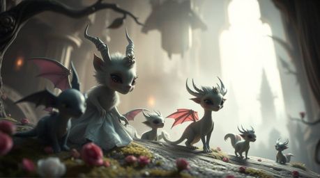 Explore a graceful and elegant fantasy kingdom brought to life with a cinematic shot featuring soft haze, quirky magical crea