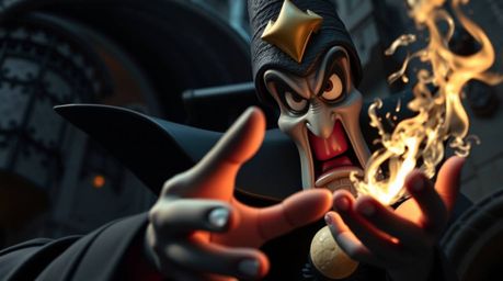 An extreme close-up reveals the intricate details of a classic Disney villain casting a spell within an ancient castle. The