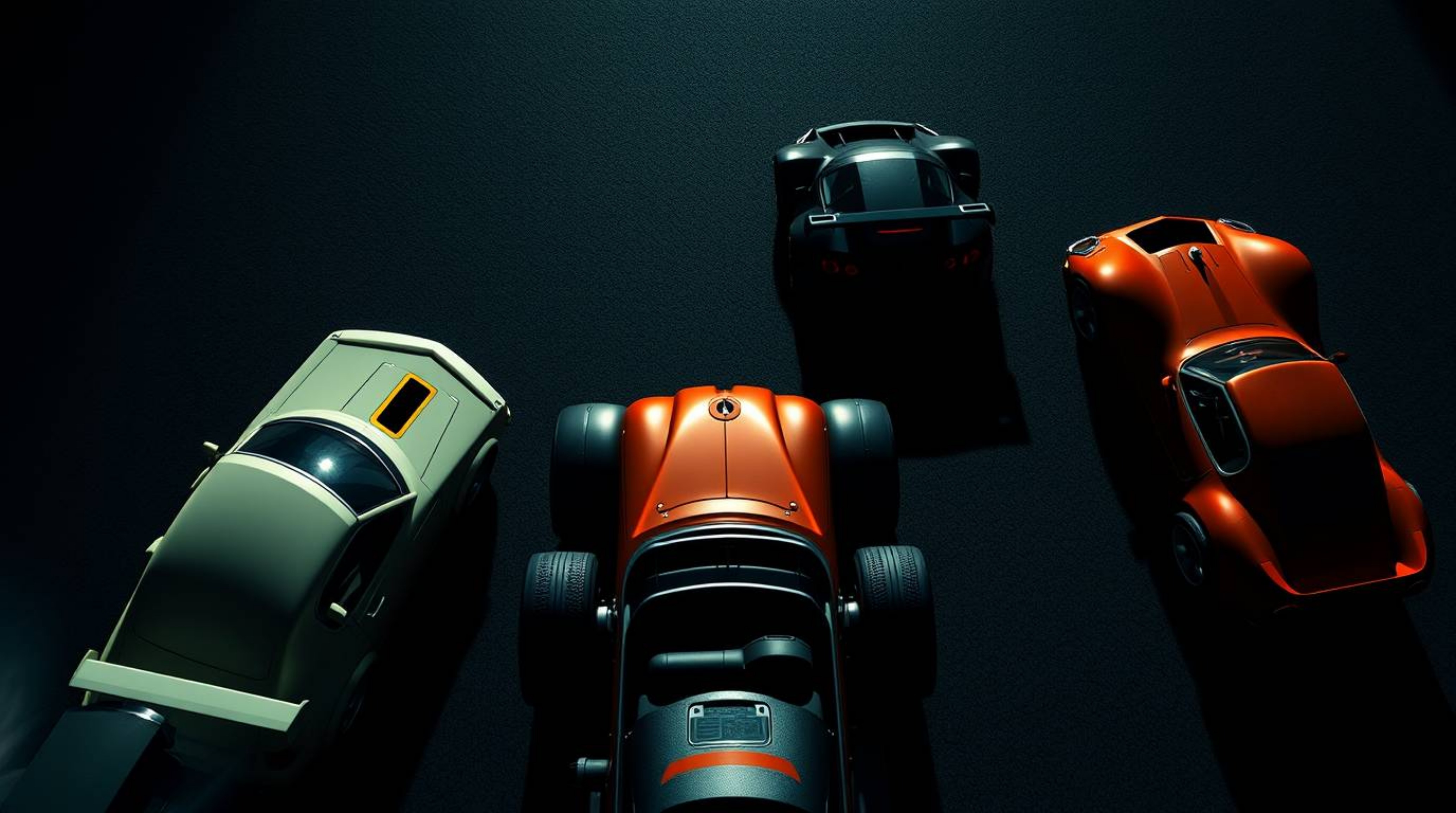 Experience a uniquely stylized wacky racing scene featuring outlandish cars silhouetted against overhead backlighting, captur