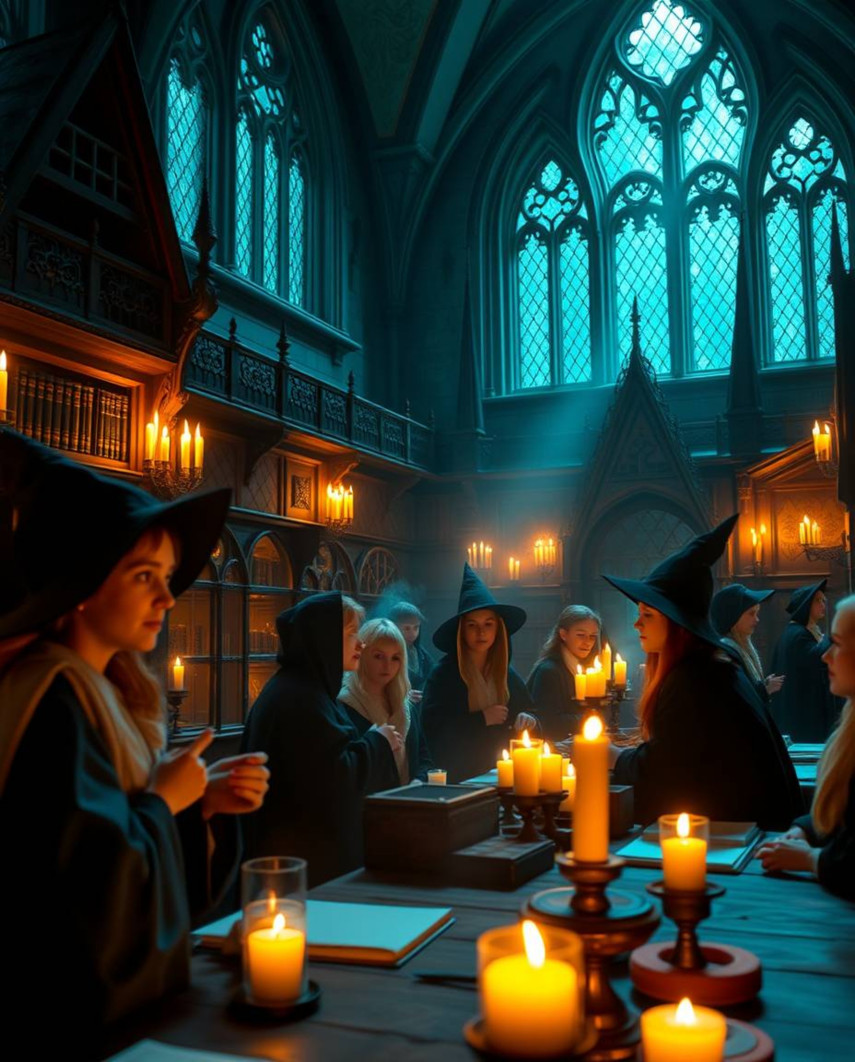 Immerse yourself in a magical school brimming with young wizards, bathed in the rich, deep teal hues and the warm glow of fli