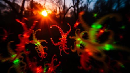 A captivating image showcases bioluminescent organisms radiating vibrant, glowing colors against a breathtaking sunset.  The 