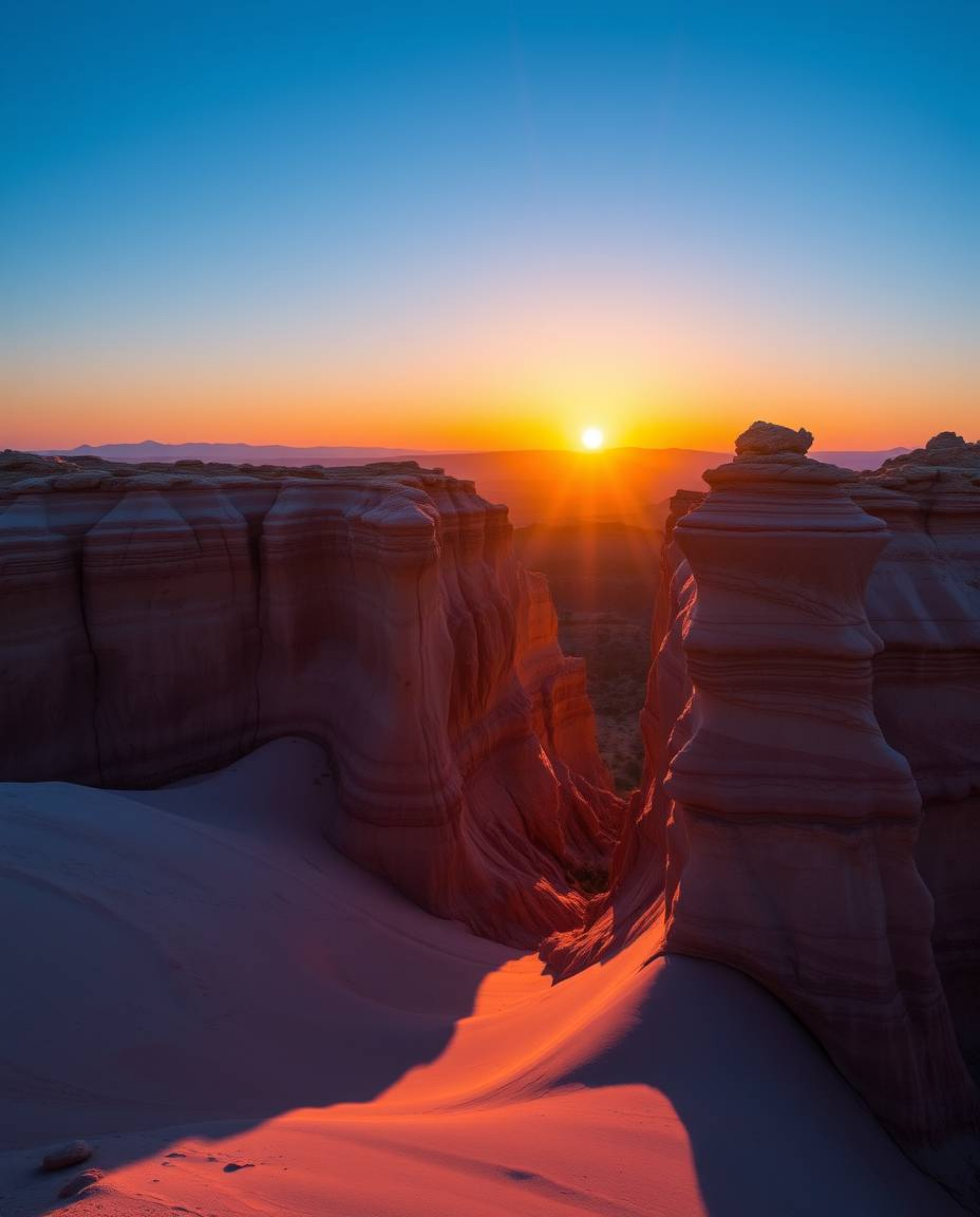 A professional fine art photograph depicts a sunset illuminating sandstone cliffs in a stunning palette of cool blues, greens